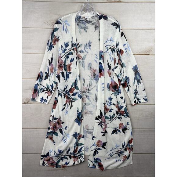 J Jill Cardigan Womens XLP Linen Blend White Floral Boho Tunic Open Knit Relaxed - Picture 1 of 12